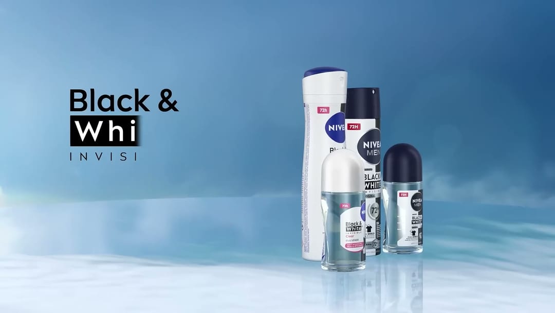 Sell Proposition, Product family hero, Black & White Invisible 72h range across women's and Men's variants on a sky-blue stage.