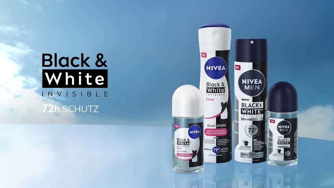 Build Brand, Codes compounding, NIVEA blue, 72h proof point, Black & White range typography all aligned.
