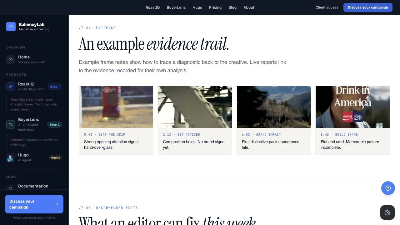The example evidence section pairs frame notes with proposed edits. The page labels these notes as authored illustration.